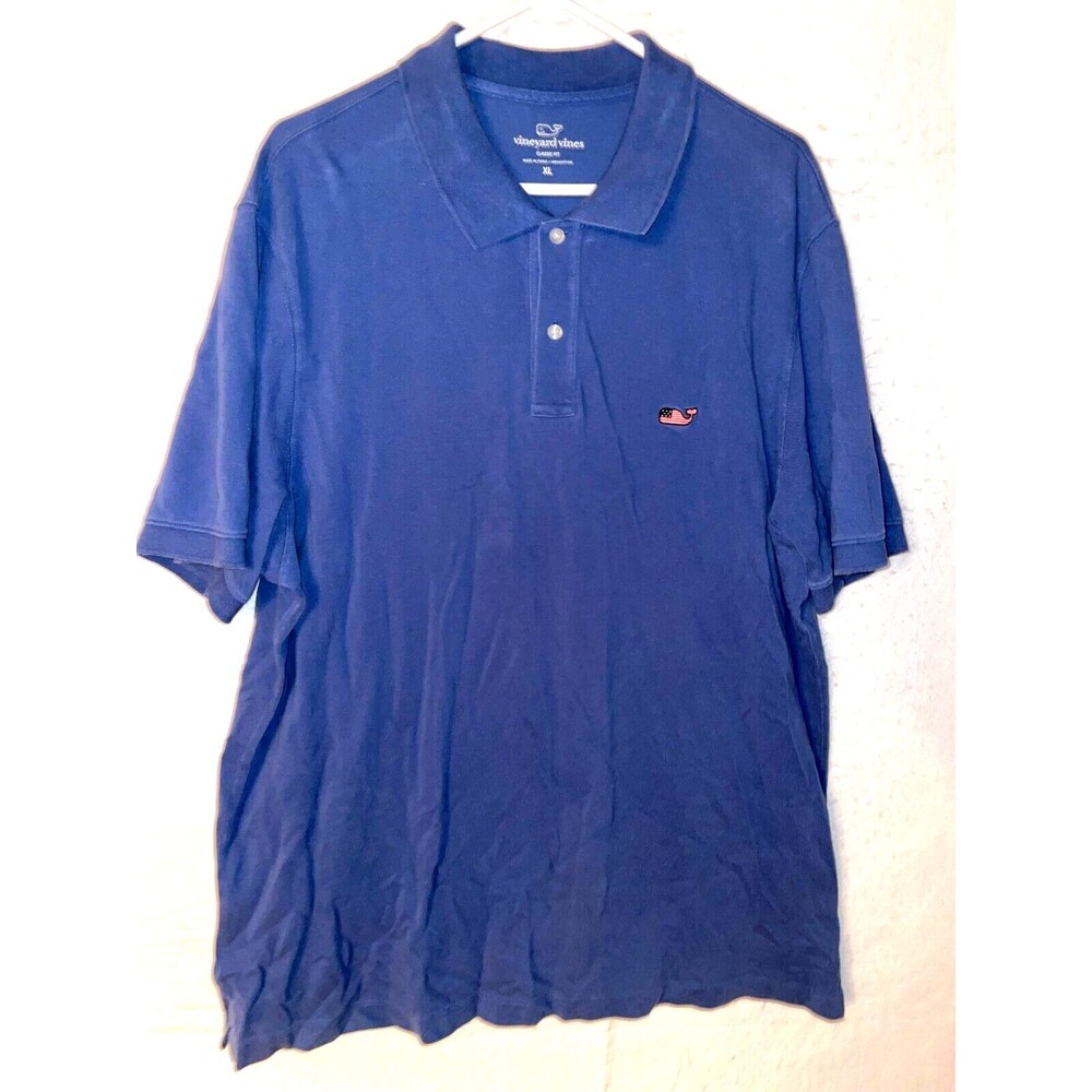 VINEYARD VINES XL Mens Polo Shirt American Flag USA Whale Short Sleeve Golf Blue